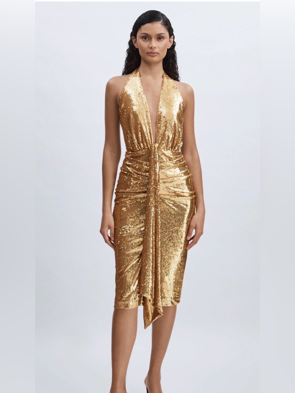 Halston Sya Sequin gold plunge neck bodycon knee length cocktail dress 4 $860